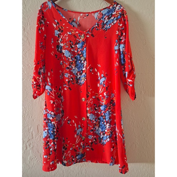 Unbranded Tops - Floral Tunic Blouse Womens Small Red Blue Abstract Roll Tab Sleeve Excellent